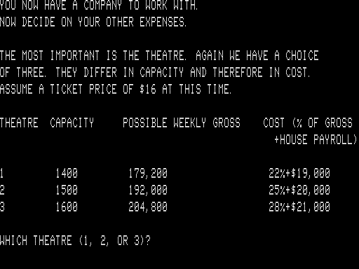 Broadway (TRS-80) screenshot: Available Theatres
