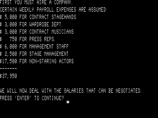 Broadway (TRS-80) screenshot: Up Front Expenses