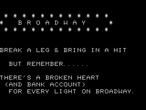 Broadway (TRS-80) screenshot: Title Screen
