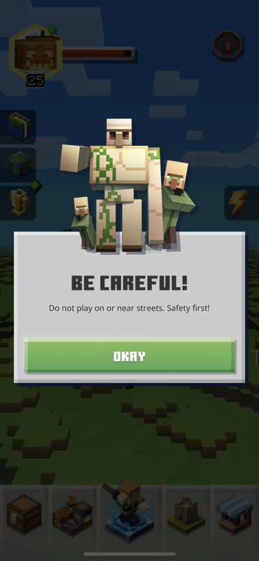 Minecraft Earth (iPhone) screenshot: There's always a different security advice when you launch the app.