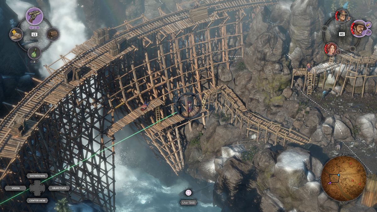 Desperados III (PlayStation 4) screenshot: Sniping guards at the bottom of the railway bridge