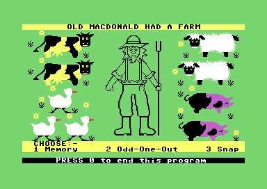 Look Sharp! (Commodore 64) screenshot: Title screen for "Old MacDonald's Farm"