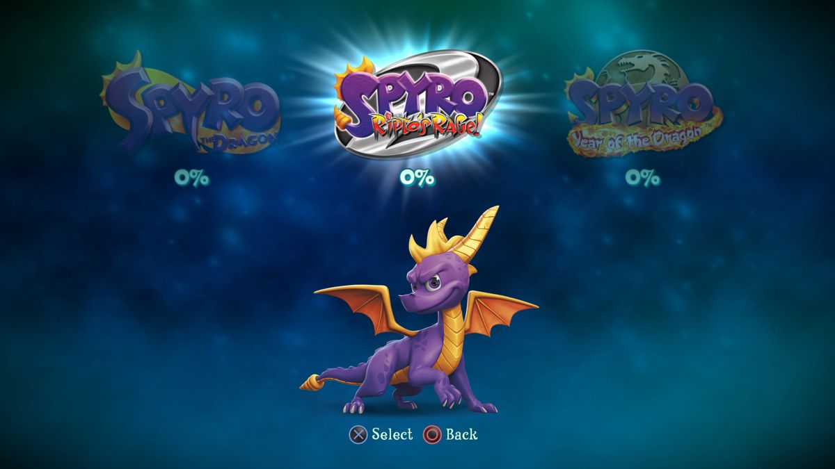 Spyro: Reignited Trilogy (PlayStation 4) screenshot: Spyro: Reignited Trilogy: Spyro: Ripto's Rage select screen