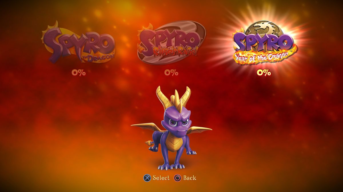 Spyro: Reignited Trilogy (PlayStation 4) screenshot: Spyro: Reignited Trilogy: Spyro: Year of the Dragon select screen
