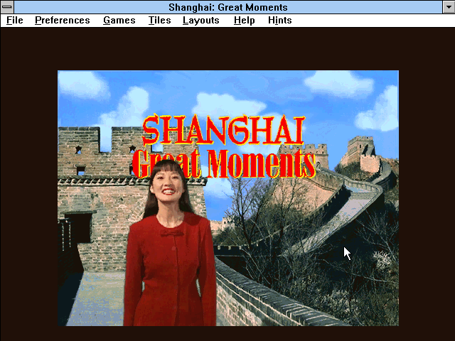 Shanghai: Great Moments (Windows 3.x) screenshot: Title screen: actress Rosalind Chao acts as host to the game, providing tutorials and hints.
