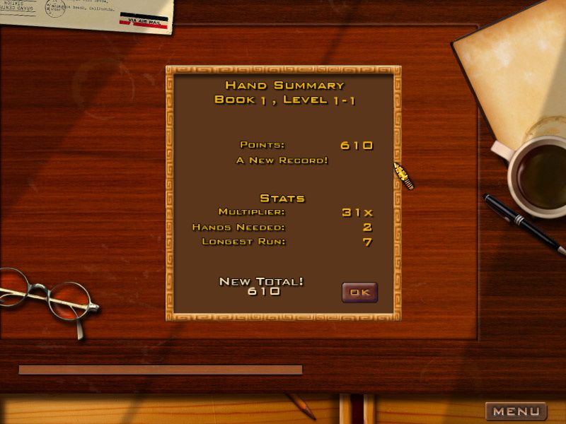 Jewel Quest Solitaire (Windows) screenshot: Level 1-1 stats