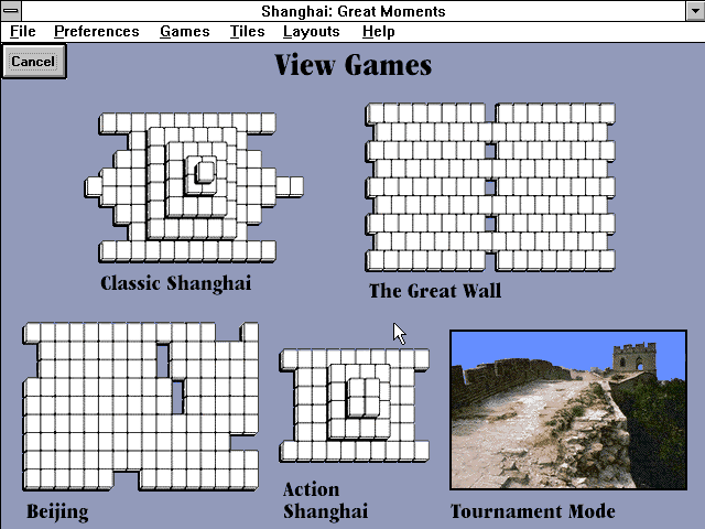 Shanghai: Great Moments (Windows 3.x) screenshot: Information about the different game modes.