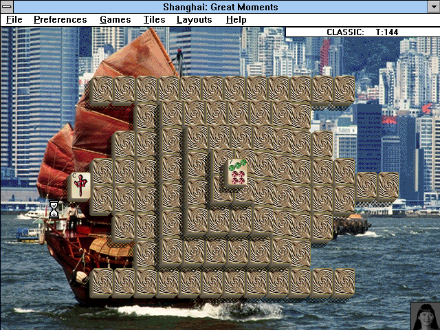 Shanghai: Great Moments (Windows 16-bit) screenshot: Contemplation mode hides all the tiles until you click on them. Similar to combining the game of memory with Shanghai.