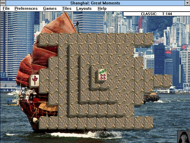 Shanghai: Great Moments (Windows 3.x) screenshot: Contemplation mode hides all the tiles until you click on them. Similar to combining the game of memory with Shanghai.