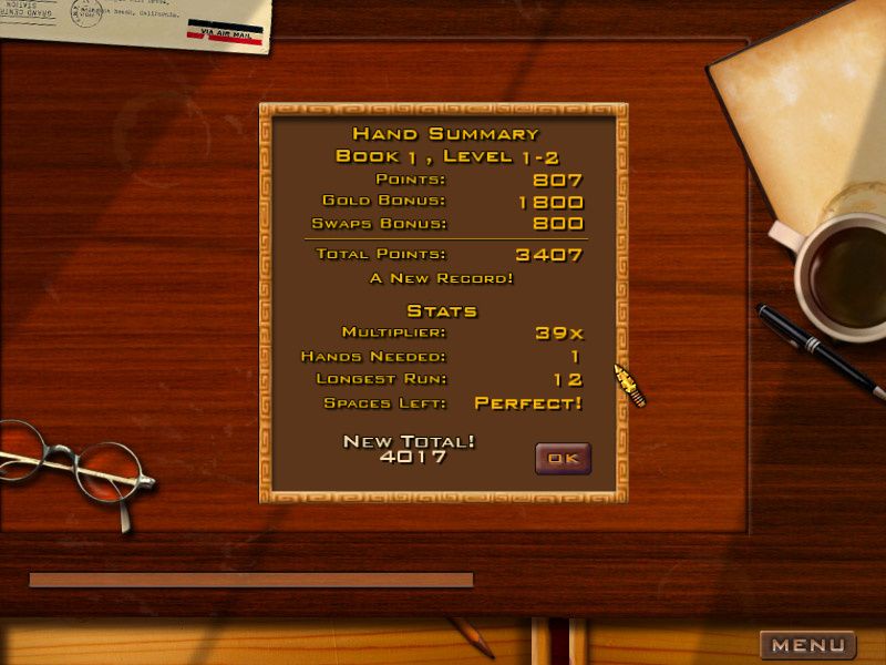 Jewel Quest Solitaire (Windows) screenshot: Level 1-2 stats