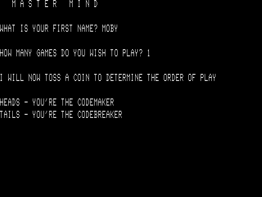Master Mind (TRS-80) screenshot: Game Setup