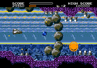 Bio-Ship Paladin (Genesis) screenshot: While controlling the aiming cursor, the players ship stays in place