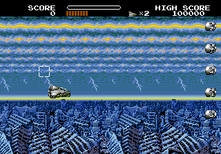 Bio-Ship Paladin (Genesis) screenshot: In this version of the 2 player game, one player controls the ship while the other controls the aiming cursor