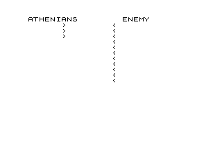 Tyrant of Athens (ZX81) screenshot: The relative strengths of the ship fleets is shown in the fleet battle screen