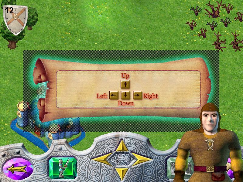 Imaginext: Battle Castle (Windows) screenshot: The start of the first mission, the tutorial. We're outside the castle looking for a knight who has joined the enemy and we're advised of the controls. SPACE swings our sword