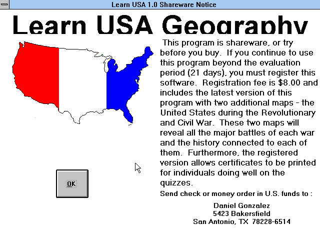 Learn USA Geography (Windows 3.x) screenshot: The game starts with a shareware reminder