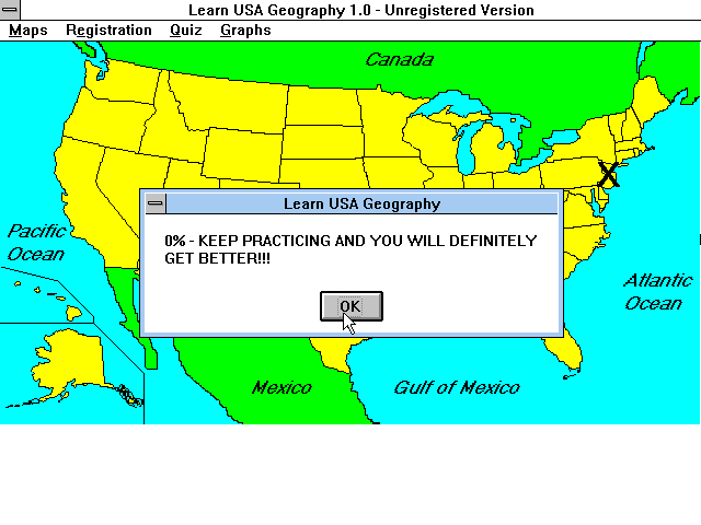 Learn USA Geography (Windows 3.x) screenshot: Game Over!