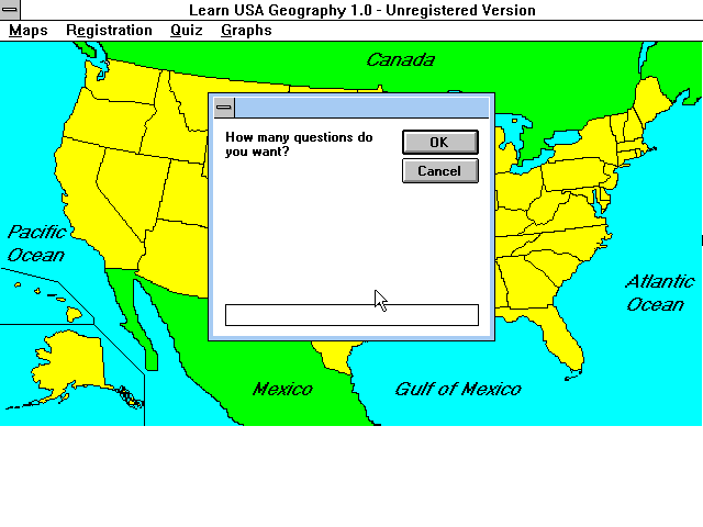 Learn USA Geography (Windows 3.x) screenshot: The player decides the length of the quiz