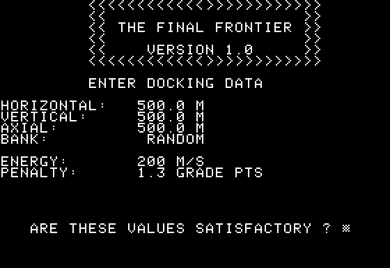 The Final Frontier (Apple II) screenshot: Alignment and Docking Setup