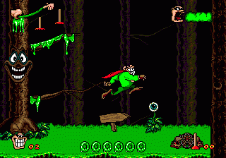 Boogerman: A Pick and Flick Adventure (Genesis) screenshot: the game plays out like a typical platform..