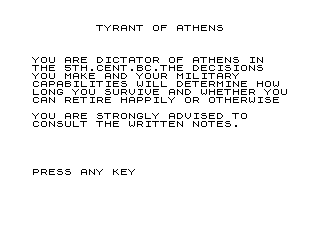 Tyrant of Athens (ZX81) screenshot: Title screen.