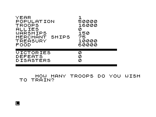 Tyrant of Athens (ZX81) screenshot: Start each turn by building troops and ships.