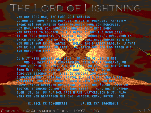The Lord of Lightning (DOS) screenshot: Background story shown before the game starts.