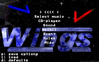 Wings (DOS) screenshot: Main options screen.