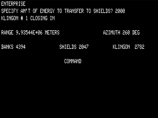 Star Trek: Encounter in the Near Tholian System (TRS-80) screenshot: Charging Shields