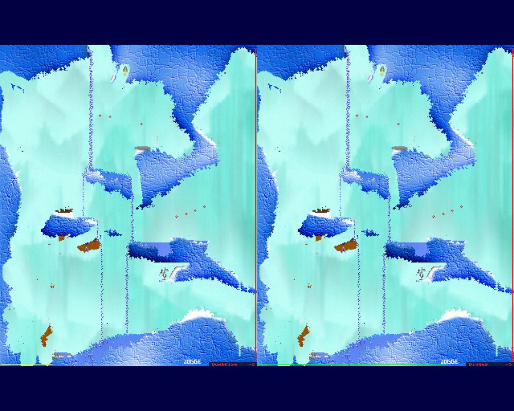 Wings 2 (Windows) screenshot: Most of the water drains off the map via the hole that's been opened at the bottom of the screen, and much of the icy ground has collapsed.