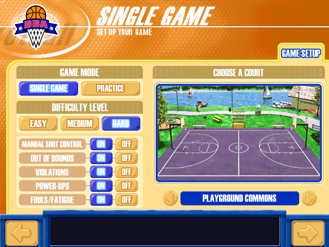 Backyard Basketball (Windows) screenshot: Here, you can pick a court and change the game options, such as whether you want fouls or power-ups.