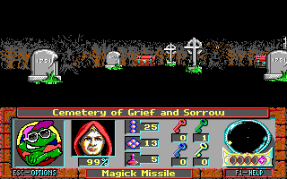 Curse of the Catacombs (DOS) screenshot: The Cemetery of Grief and Sorrow (and treasure chests).