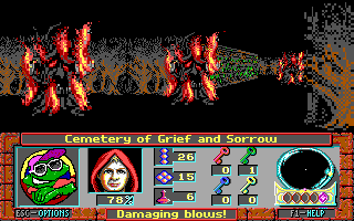 Curse of the Catacombs (DOS) screenshot: Even after you kill them, burning tree corpses can damage you if you get too close.