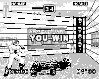 Fighters Megamix (Game.Com) screenshot: When you beat the Hornet car it bursts into flames or something. I can't make out what happened