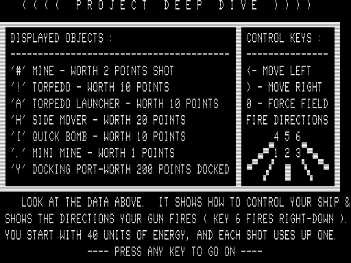 Project Deep Dive (TRS-80) screenshot: Instructions