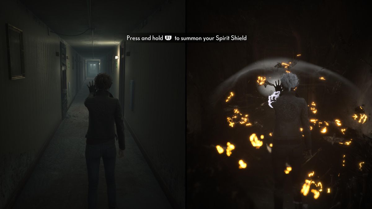 The Medium (PlayStation 5) screenshot: Using spirit shield to pass through swarm of deadly giant moths