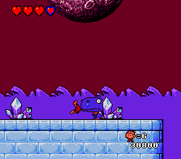 Bonk's Adventure (TurboGrafx-16) screenshot: Eaten by a blue dinosaur