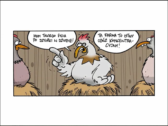 Chicken Raid (Windows) screenshot: Comics-style story about chicken being tired of living on the farm