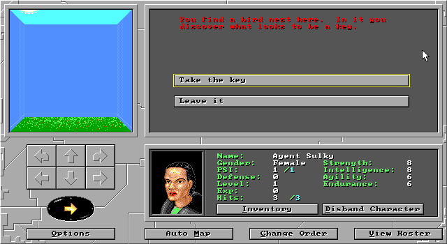Gene Splicing (DOS) screenshot: Found the key to get inside. The item is not shown in the first-person view, so the only way to find something is to walk into every square of the map.