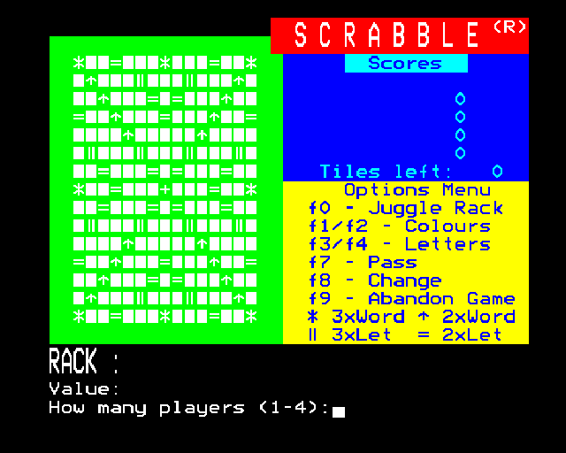 The Computer Edition of Scrabble Brand Crossword Game (BBC Micro) screenshot: Game start