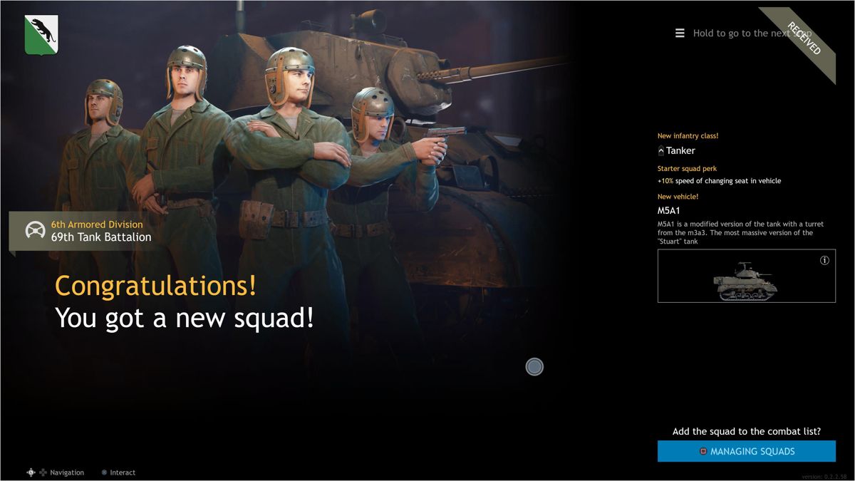 Enlisted (PlayStation 5) screenshot: Tank squad received after reaching level 2