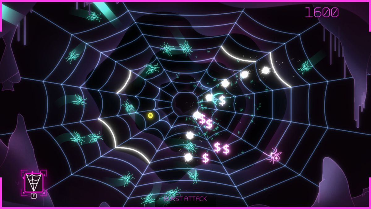 Black Widow: Recharged (Windows) screenshot: The yellow eggs blow up and explode. You can get rid of them by dragging them to the center of the web.