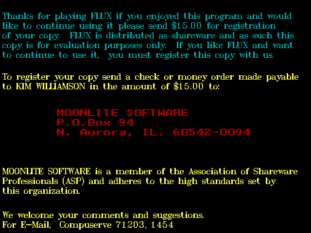 Flux (DOS) screenshot: Shareware info screen