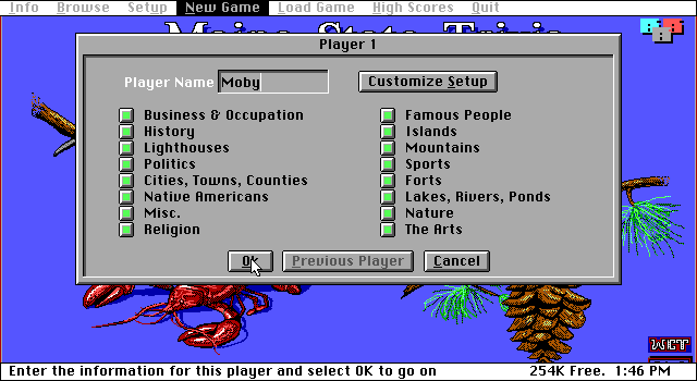 Maine State Trivia (DOS) screenshot: Customising the settings for the first player