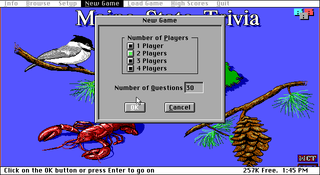 Maine State Trivia (DOS) screenshot: Starting a new game