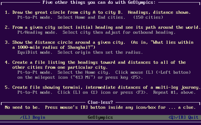 GeOlympics (DOS) screenshot: Aside from the game there are other, less frivolous features. This is screen two of two