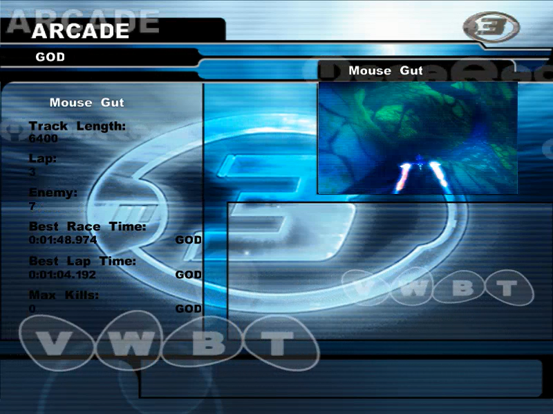 MegaRace: MR3 (Windows) screenshot: Arcade mode with brief info on the track and best times