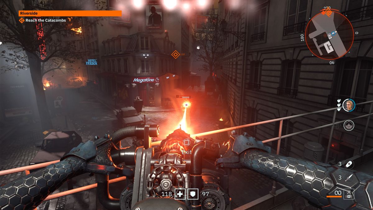Wolfenstein: Youngblood (PlayStation 4) screenshot: Taking on the Panzerhund with a laser turret