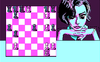Toledo Atomchess with CGA graphics (DOS) screenshot: Another check, but the AI opponent plays pretty well.