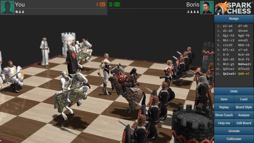 SparkChess (Windows) screenshot: Board with the "fantasy" chess set